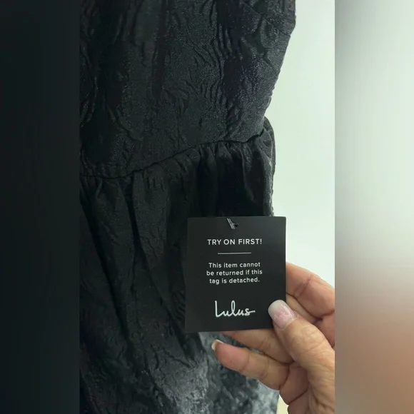 Lulus NWT Adorable Mood” Black Floral Jacquard Puff Sleeve Babydoll Dress Medium - Picture 5 of 14